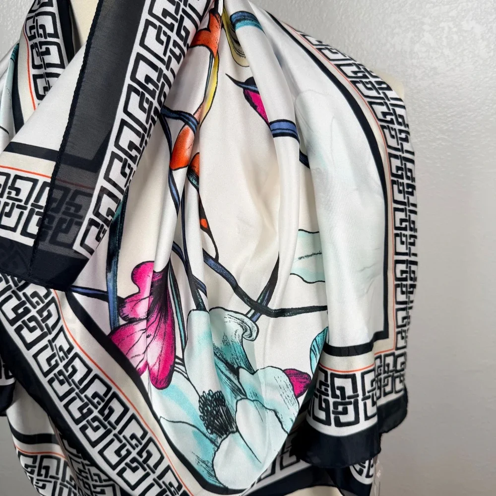 Chico's Floral BC Square Scarf Multi Color Geometric Border 570285352 NWT